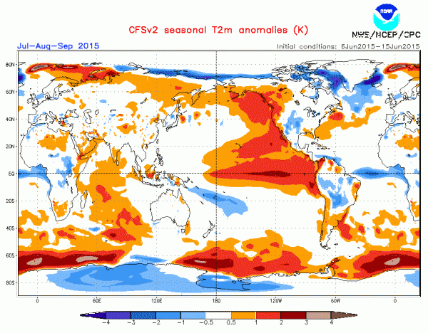 Figure 9. Forecast near surface air temperatures for July-August-September 2015 from the NOAA CFS2 seasonal forecast model.
