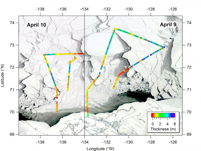 Figure 7. Sea ice thickness measurements from airborne electromagnetic (AEM) sensor in the Beaufort Sea on April 9 and 10, 2016, superimposed on concurrent imagery from the Moderate Resolution Imaging Spectroradiometer (MODIS) sensor on the NASA Terra and Aqua satellites. Figure courtesy C. Haas, York University.