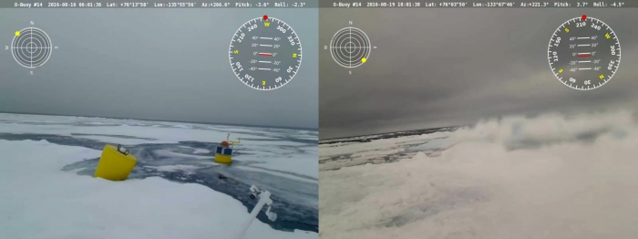Figure 11. Photos taken by camera aboard O-Buoy documenting break-up of ice floes during passage of Arctic cyclone. Photos courtesy of NSF-AON O-Buoy project.