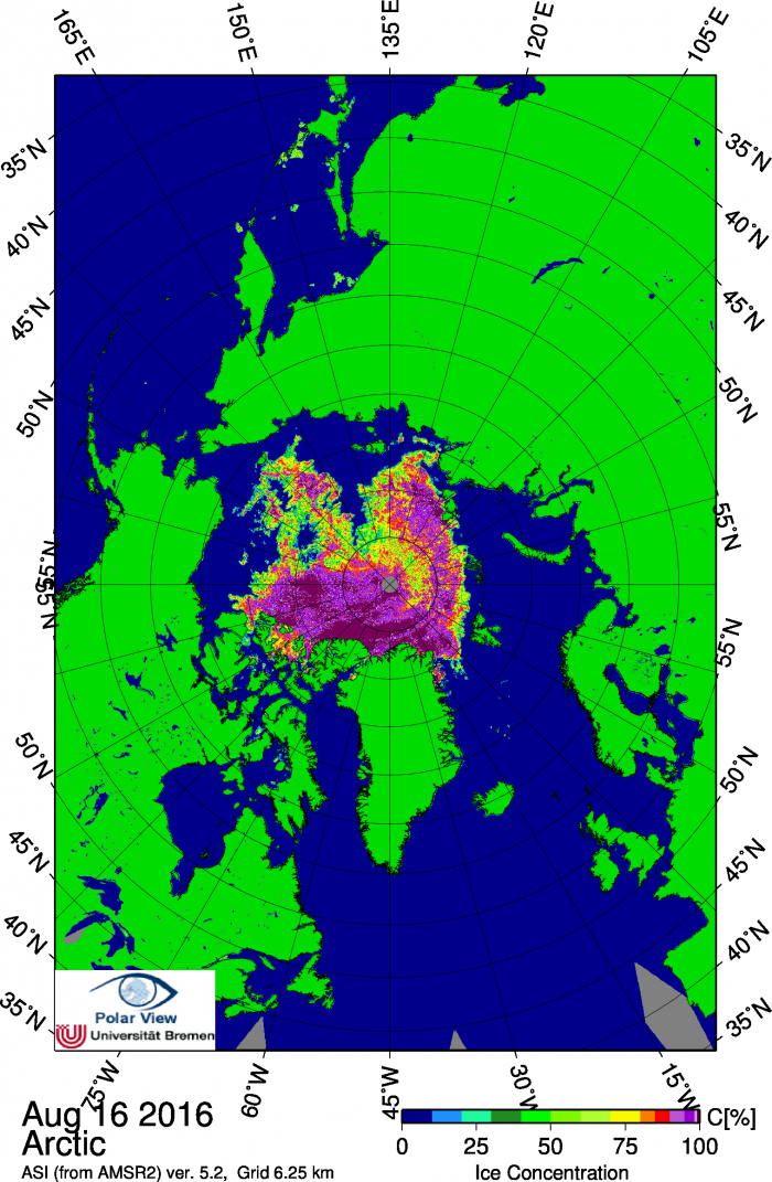 Figure 7. Sea Ice concentration from mid-August. Note west-east oriented tongue of remnant ice north of Alaska, discussed below. 