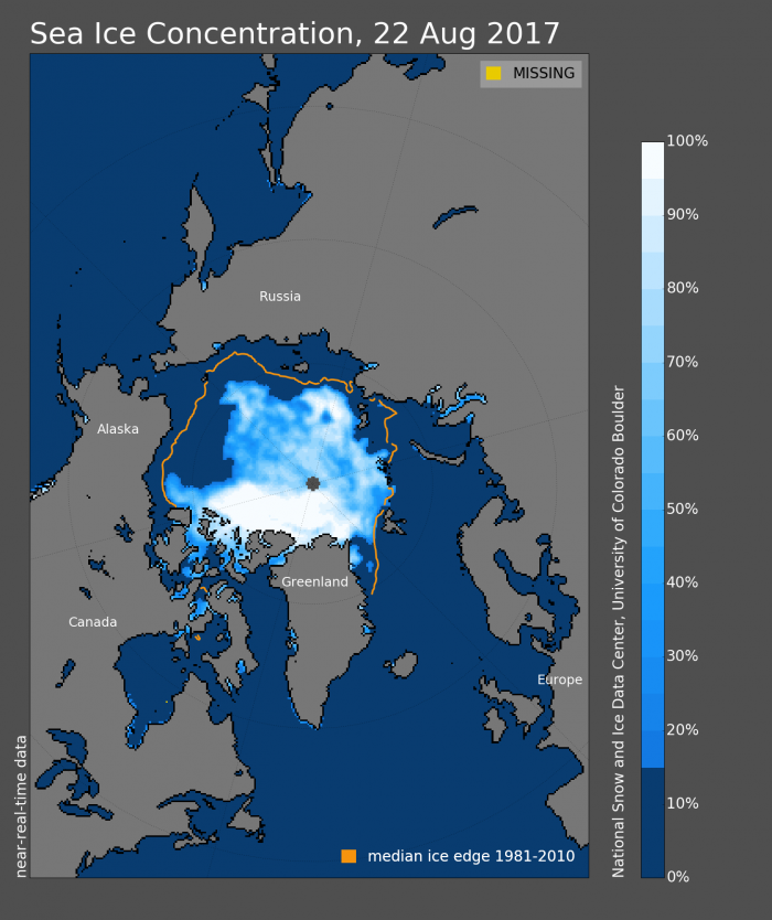Figure 8.  Sea ice concentration on 22 August 2017. From NSIDC Arctic Sea Ice News and Analysis.