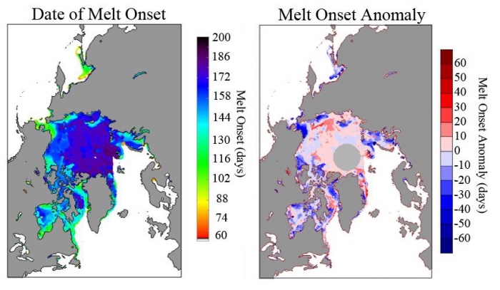Figure 6. Melt onset date for 2017 (left) and melt onset anomaly relative to the 1981-2010 mean (right). Figure courtesy Julienne Stroeve, data from Jeff Miller (NASA GSFC).