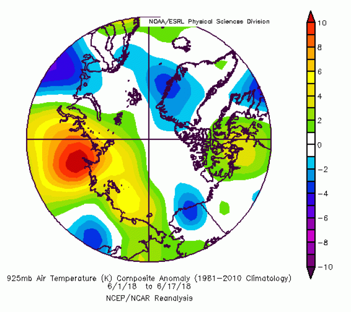Figure 8. Arctic 925 mb air temperature anomalies. From NOAA ESRL plotting routines.
