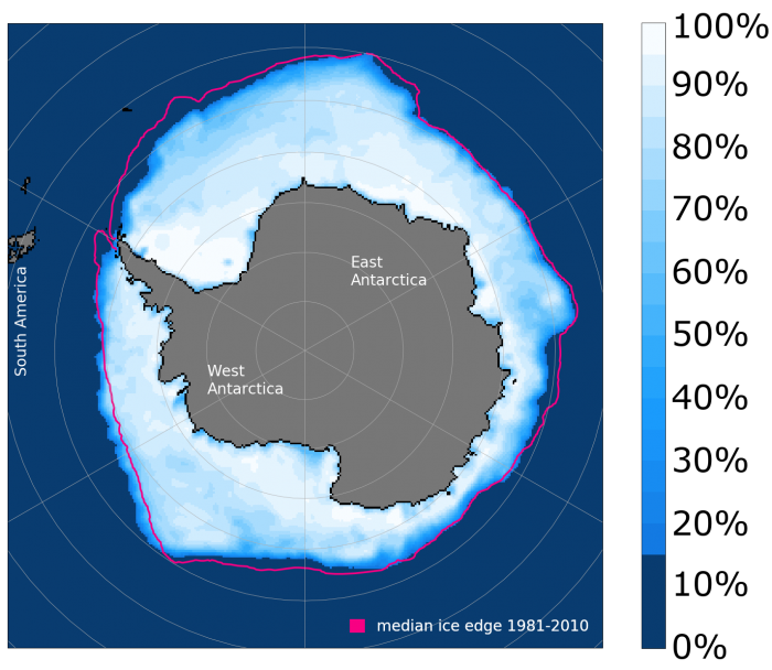 Figure 6.1. September 2018 mean sea ice concentration (colored shading) and 1981–2010 median ice edge (15% concentration contour) from the NSIDC sea ice index (G02135).