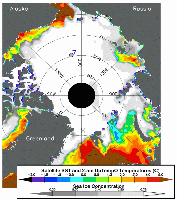 Figure 13.  Sea surface temperature (from NOAA dOISST) and ice concentration (NSIDC NRT passive microwave) for Sunday, 16 June 2019. The locations of two UpTempO drifting buoys are marked as 2 (top right in map) and 7 (center-left in map).