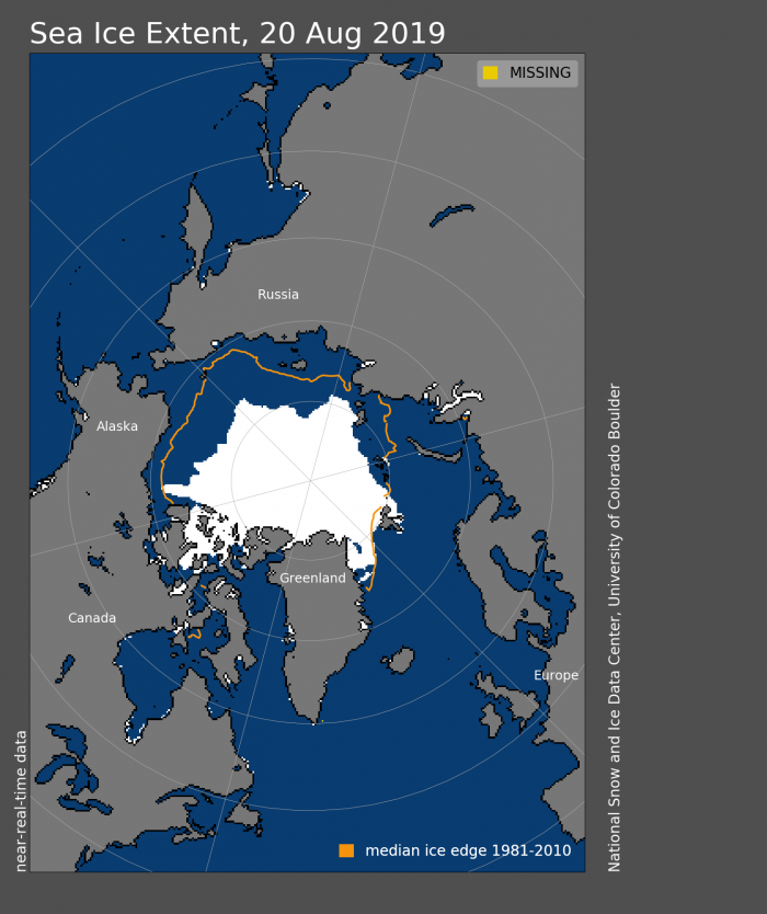 Figure 6. Arctic sea-ice extent for 20 August 2019 was 4.73 million square kilometers (1.83 million square miles). The orange line shows the 1981 to 2010 average extent for that day. Graphic provided by the National Snow and Ice Data Center. 