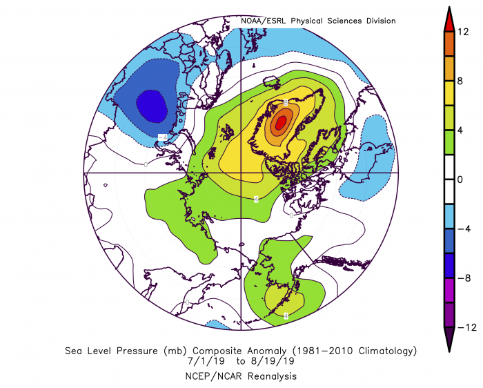 Figure 7. Sea level pressure anomaly from 1 July 2019 to 19 August 2019 based on a 1981—2010 climatology. Data based on the NCEP/NCAR Reanalysis. Image courtesy of the NOAA/ESRL Physical Sciences Division, Boulder, Colorado.