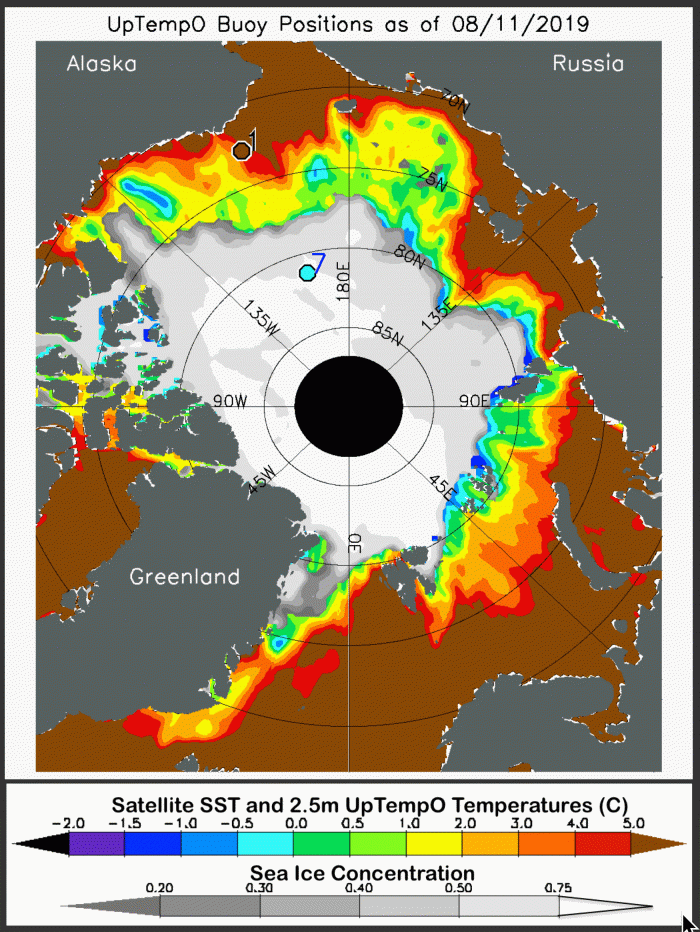 Figure 8. Sea surface temperature (from NOAA dOISST) and ice concentration (NSIDC NRT passive microwave) for Sunday, 11 August 2019. The locations of two UpTempO drifting buoys are marked as 1 (top left in map) and 7 (center-left in map). Image sourced from NOAA dOISST, NSIDC Near-Real-Time (NRT) passive microwave, and UpTempO data.