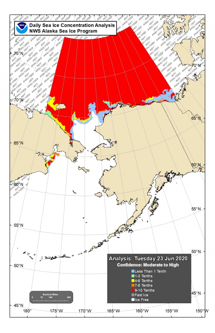 Figure 12. Sea-ice conditions for the northern Bering and Chukchi seas for mid-June. Sea ice retreated rapidly in early June from St. Lawrence Island in the Bering Sea all the way north well into the Chukchi Sea. Although the Bering Sea had a larger sea-ice extent in the winter and spring of 2020 relative to 2018 and 2019, thin ice in 2020 led to a rapid retreat. Figure courtesy of the NWS Anchorage Sea Ice Desk.