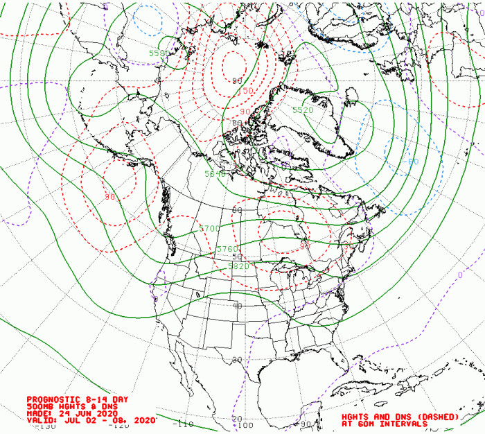 Figure 13. Extended range forecast of 500 hPa geopotential heights (solid green contours) over the Arctic and North America. NOAA/NWS product. The dashed color contours are the anomalies relative to its climatology. Figure courtesy of the Climate Forecast System.