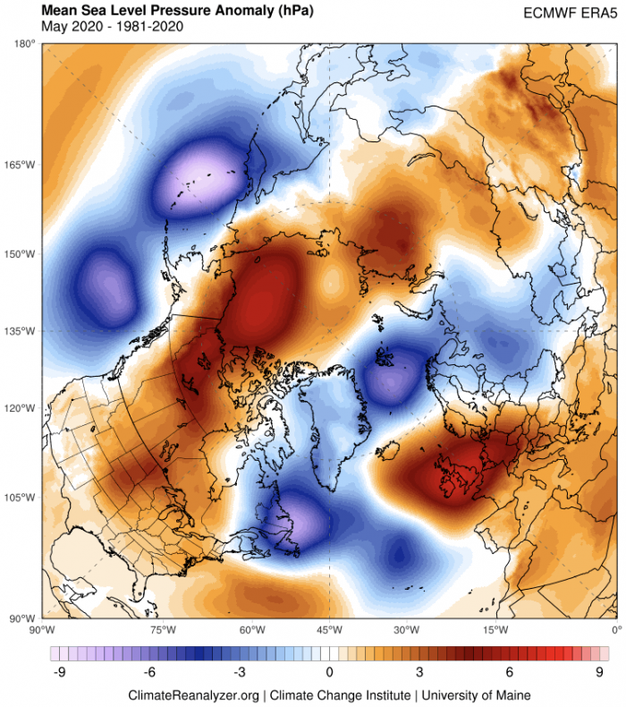 Figure 16. Sea level pressure anomalies during May 2020. From the Climate Reanalyzer.