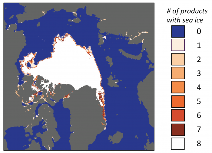 Figure 4. Map of sea-ice extent for 15 September 2020 from eight sea ice products. The color shading indicates the number of products detecting ice at each location. White is ice-covered in all products; blue is ice-free in all products.
