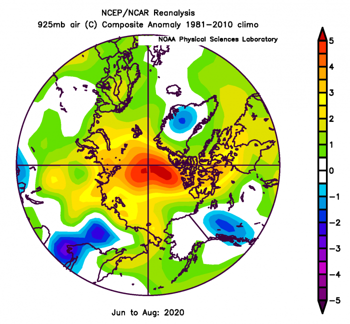 Figure 6. The 925 mb air temperature anomaly for June–August 2020 in ˚C based on a 1981–2010 climatology. From NOAA ESRL plotting routines.