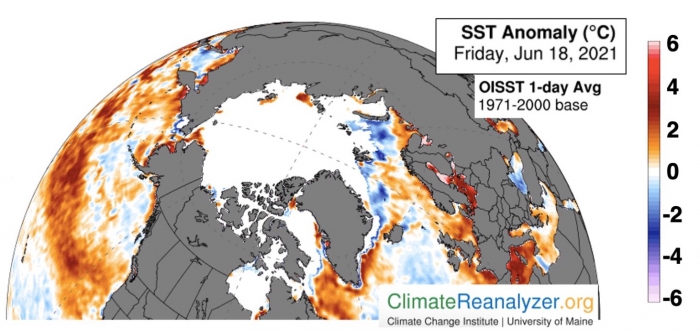Figure 10. Sea Surface Temperature (SST) anomaly for 18 June 2021, relative to an average of that day over the years 1971–2000, using NOAA&#39;s OISST product, from the University of Maine Climate Change Institute&#39;s Climate Reanalyzer.