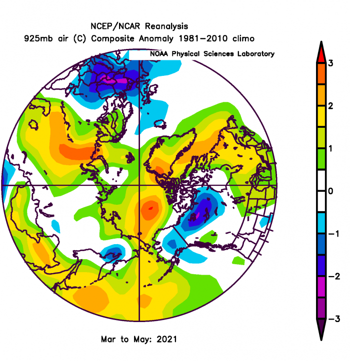 Figure 6. Spring March-May 2021 near-surface air temperature anomalies. From NOAA ESRL plotting routines.