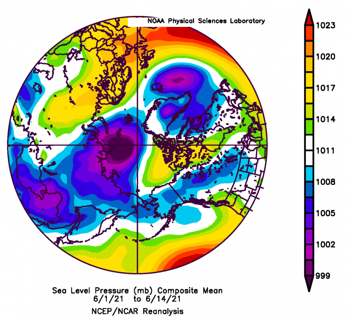 Figure 9. Sea level pressure map for 1–14 June 2021. From NOAA ESRL plotting routines.