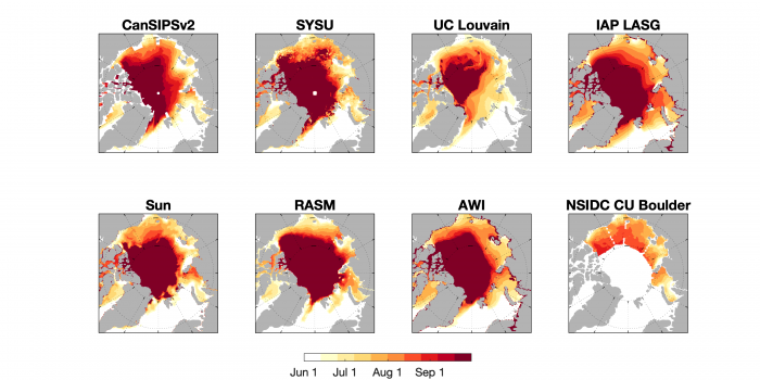 Figure 13. Forecast of IFD using a 15% SIC threshold from eight contributors. Dark red shading in the central Arctic indicates that SIC never reaches the 15% threshold. 