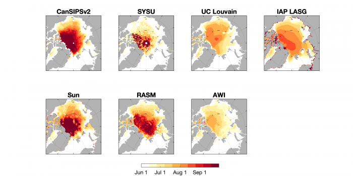 Figure 14. Forecasts of IFD using a 80% threshold. Dark red shading in the central Arctic indicates that SIC never reaches the 80% threshold. 