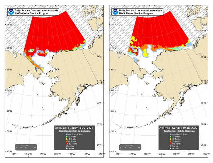 Figure 13. Sea-ice conditions for the Alaska Region for mid-July 2021 (left) and mid-July 2020 (right). Figure courtesy of the National Weather Service (NWS) Alaska Sea Ice Program (ASIP).