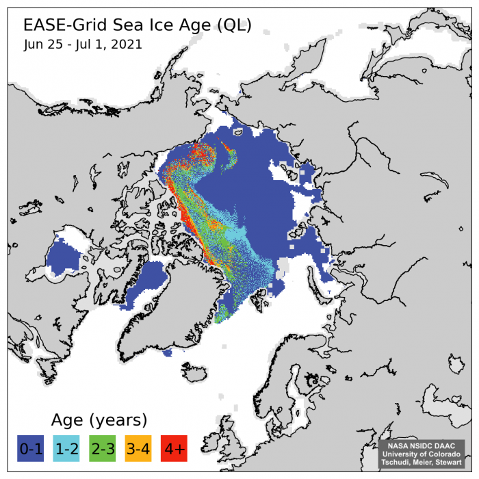 Figure 5. Sea ice age for the week of 25 June–1 July 2021. First-year ice is in dark blue, with other shades indicating multi-year ice of differing ages, as denoted in the legend. Figure courtesy of NSSA NSIDC DAAC University of Colorado, Tschudi, Meier, and Stewart.