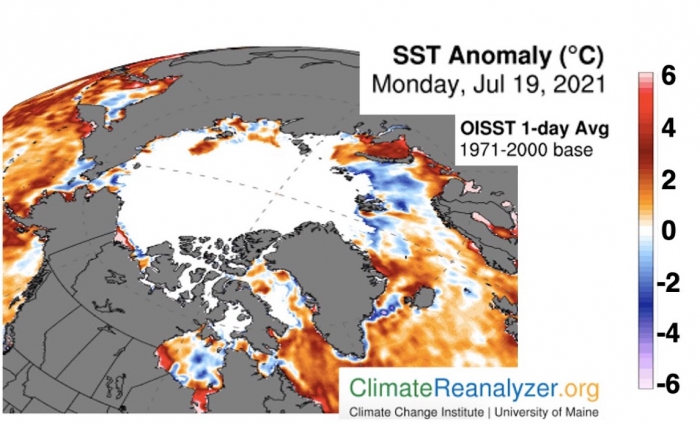 Figure 8. Sea Surface Temperature (SST) anomaly for 19 July 2021, relative to an average of that day over the years 1971– 2000, using NOAA&#39;s OISST product. Figure courtesy of the University of Maine Climate Change Institute&#39;s Climate Reanalyzer.