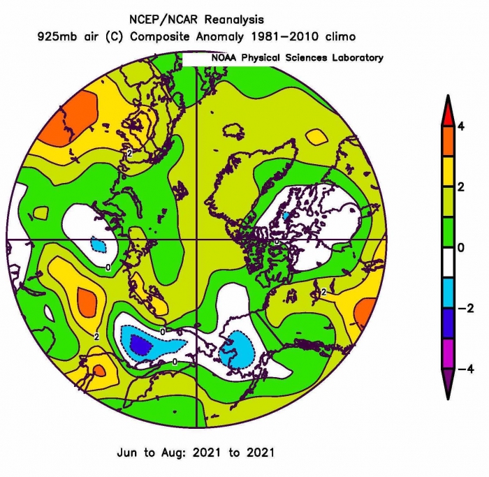 Figure 14. Air temperature anomalies at the 925 hPa level averaged from June through August 2021.