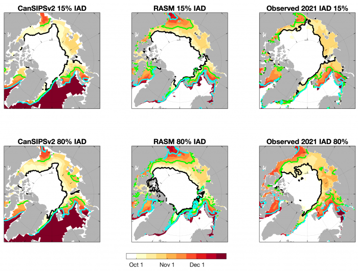 Figure 16. Forecasts of ice advance date (IAD)—using 15% and 80% sea-ice concentration (SIC) thresholds—in CanSIPSv2 and RASM and observed 2021 IADs. 