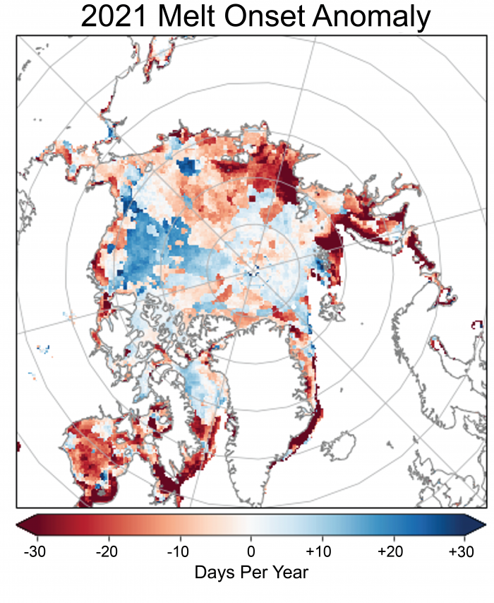 Figure 9. Sea-ice melt onset anomaly for 2021 relative to the 1981–2010 average. Image by J. Stroeve (Univ. Manitoba, NSIDC, Univ. College London).