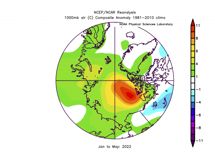 Figure 14. Winter to spring, Jan-May 2022, near-surface air temperature anomalies. 
