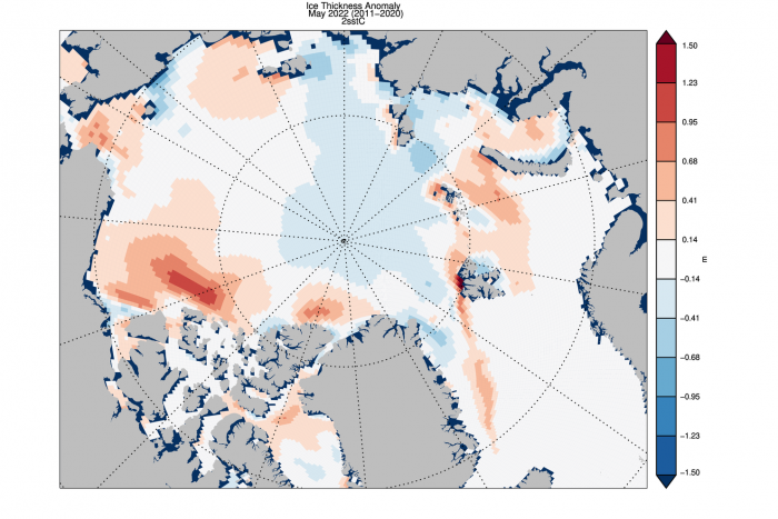 Figure 16. PIOMAS ice thickness anomaly for April 2022 relative to 2011–2020. 