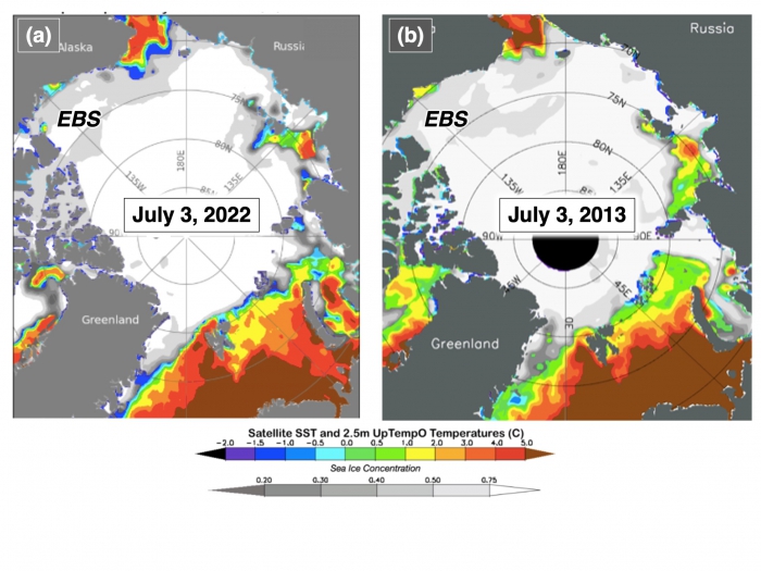 Figure 16. Sea-ice concentration (gray scale, from NSIDC NRT passive microwave) and sea surface temperature for 3 July 2022 and 2013 (SST; color scale, from NOAA OISSTv2.1) for (a) 3 July 2022 and (b) 3 July 2013. Figures taken from the UpTempO buoy website. EBS = Eastern Beaufort Sea.