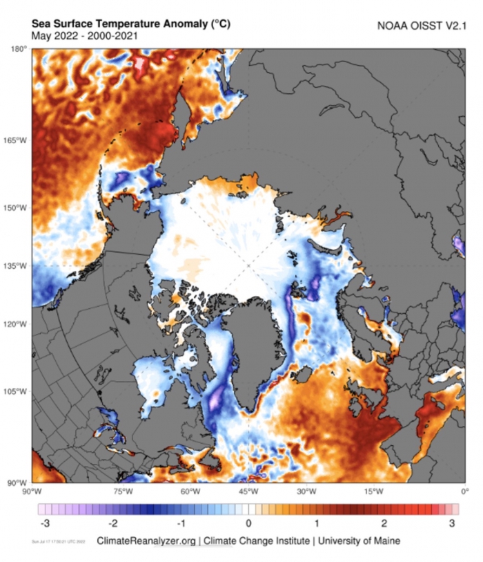 Figure 17. Monthly mean May 2022 sea surface temperature (SST) anomalies, relative to monthly mean Mays over the years 2000–2021, using the same SST data set as in Figure 16. Figure downloaded from ClimateReanalyzer.org at the Climate Change Institute, University of Maine.