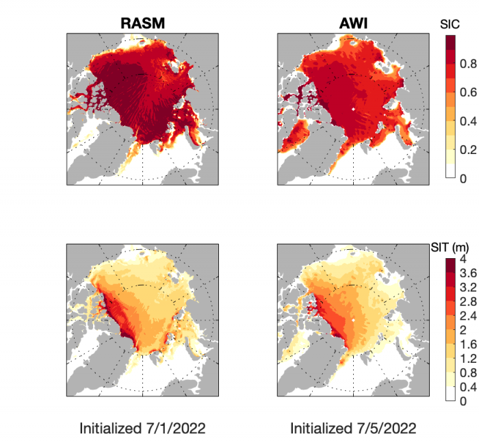 Figure 9. Initial conditions from two models, RASM and AWI. The top row shows the initial condition of sea-ice concentrations, and the bottom row shows the sea-ice thickness.