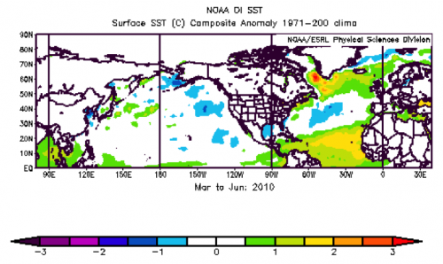 Figure 2. Spring (March to June) sea surface temperature anomalies.