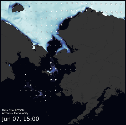 Visit the SIWO Facebook page @seaiceforwalrus to view this animation showing the predicted movement of ice predicted by the HYbrid Coordinate Ocean Model (HYCOM).