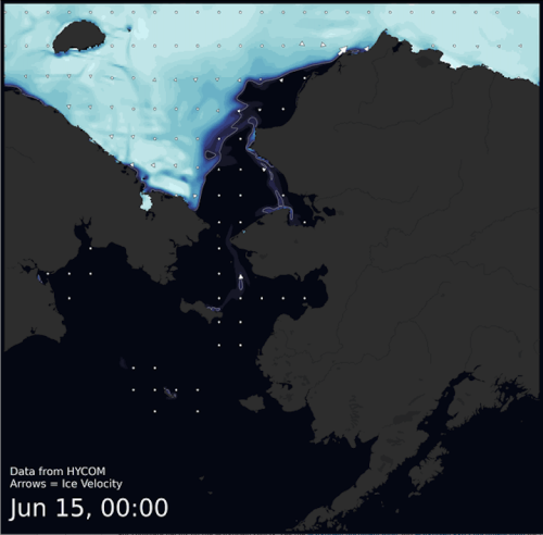 Visit the SIWO Facebook page @seaiceforwalrus to view this animation showing the predicted movement of ice predicted by the HYbrid Coordinate Ocean Model (HYCOM).