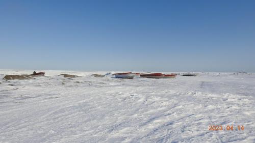 Boats ready for hunting near Gambell. Photo courtesy of Clarence Irrigoo, Jr.