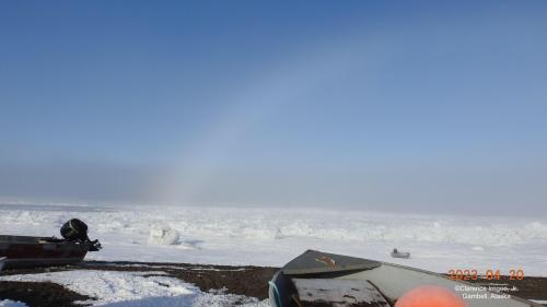 Sea ice and weather conditions in Gambell on 20 April 2023. Photo courtesy of Clarence Irrigoo, Jr.