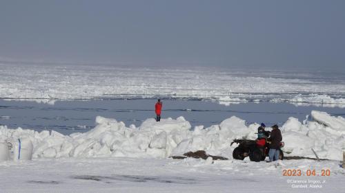 Sea ice and weather conditions in Gambell on 20 April 2023. Photo courtesy of Clarence Irrigoo, Jr.