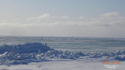 Sea ice and weather conditions near Gambell on 6 April 2023, view 1. Photo courtesy of Clarence Irrigoo, Jr.