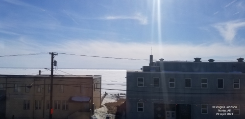 Sea ice and weather conditions in Nome, viewed from the old federal building.