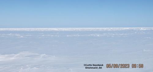 Sea ice and weather conditions in Shishmaref looking northwest. Photo courtesy of Curtis Nayokpuk.