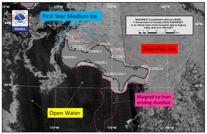 NWS Alaska Sea Ice Program annotated satellite image for St. Lawerence Island, 5 May 2023.