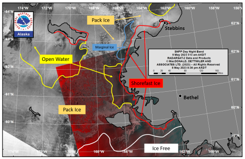 Annotated satellite image from NWS Alaska Sea Ice Program on on Tuesday, 9 May 2023.