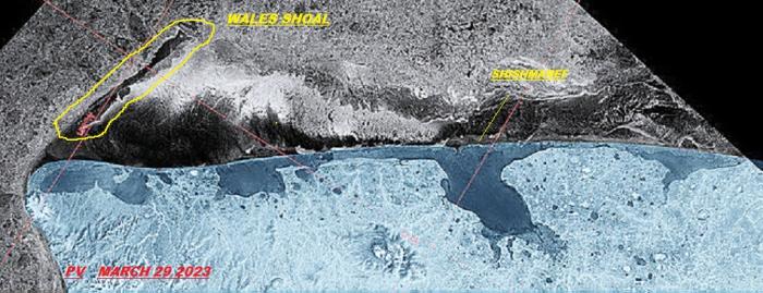 Polar View from 29 March 2023 on open ice-free coastline. Has since froze over with cold northerly winds. Courtesy of Curtis Nayokpuk.