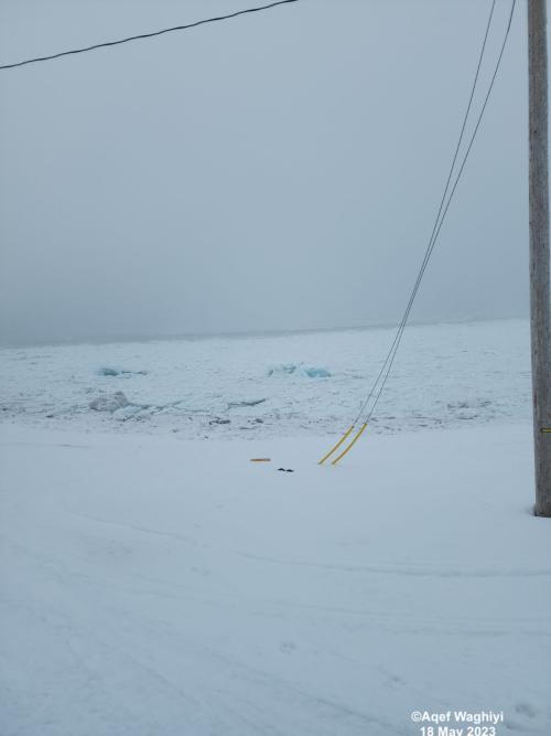Sea ice and weather conditions in Savoonga on 18 May 2023. Photo courtesy of Aqef Waghiyi.