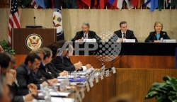U.S. Secretary of State Hillary Clinton delivers opening remarks at the Joint Session of the Antarctic Treaty Consultative Meeting and the Arctic Council in April 2009. U.S. Secretary of State Hillary Clinton