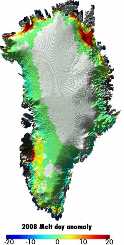 Figure: Extreme snowmelt during summer 2008 over the northern part of the Greenland ice sheet, based on the analysis of microwave data recorded by the Special Sensor Microwave Imager (SSM/1) on the F13 satellite of the U.S. Defense Meteorological Satellite Program. Colors indicate the 2008 melt day anomaly for Greenland (number of days in 2008 with surface melt minus the average for 1979–2007). Reprinted from The State of Polar Research, courtesy M. Tedesco, CUNY/NASA/UMBC.