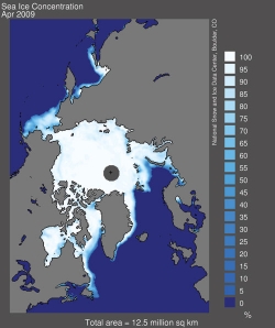 This NSIDC image, derived from satellite passive microwave data, depicts the April 2009 average percentage of ice cover for areas that were more than 15% covered by ice.