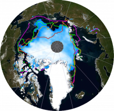 Minimum extent of Arctic Sea Ice, September 2007 (in red) and September 2008.